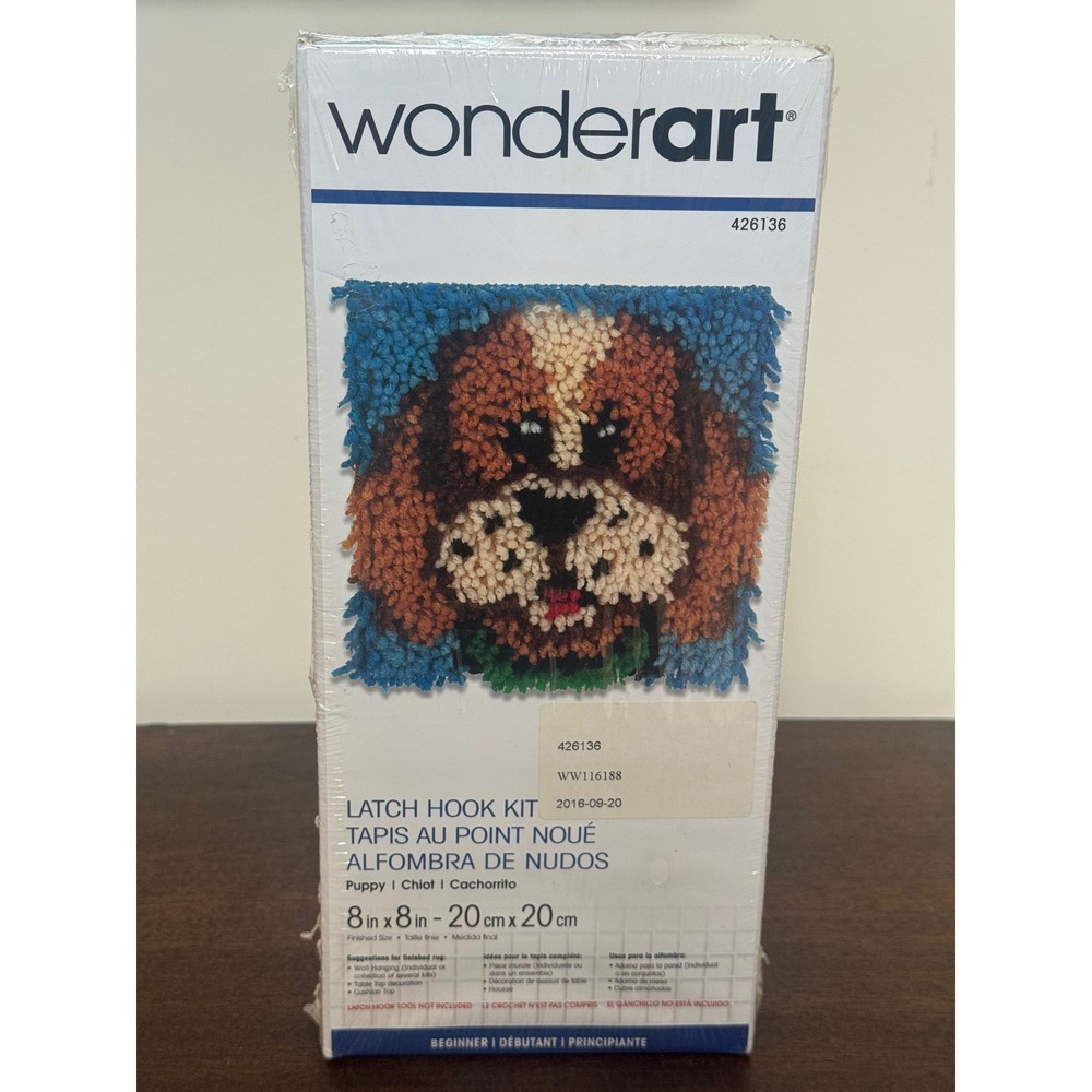 NEW Wonderart Puppy Dog Latch Hook Kit 426136 Beginner 8x8" Dog Rug Wall Hanging